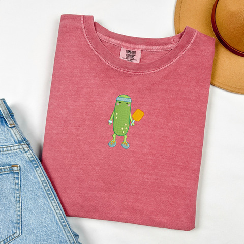 Embroidered Pickleball T-Shirt: Pickle Dude - Playful Pickle Edition